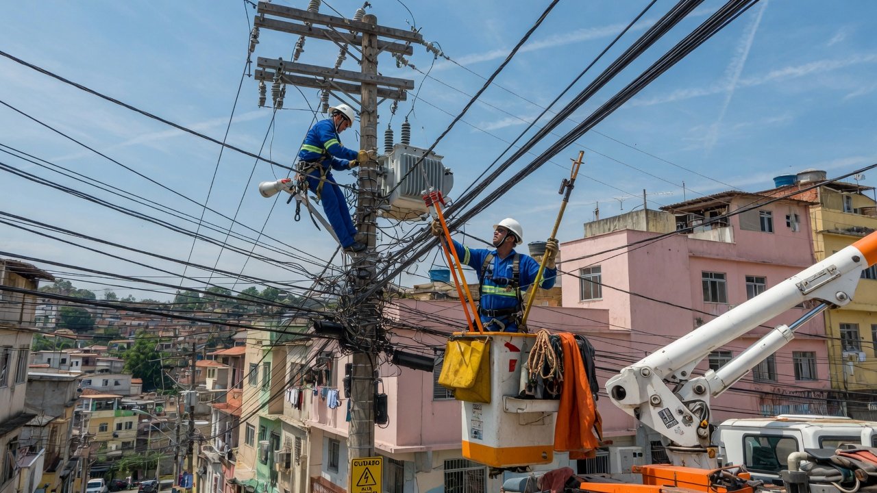 Manutenção de rede de distribuição de energia em poste urbano